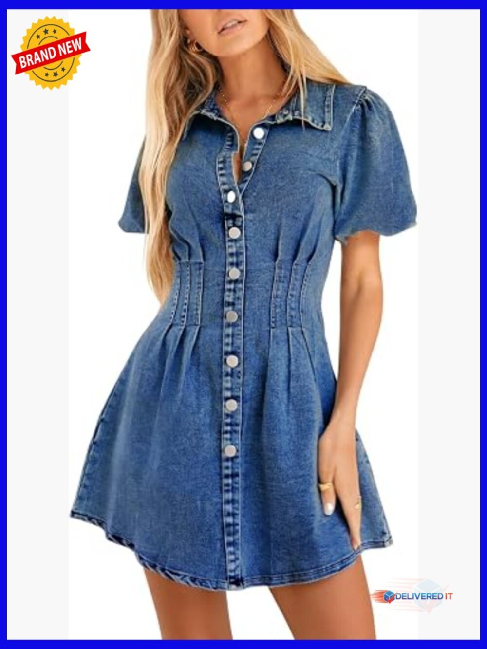Puff Sleeve Slim Fit Jean Dress for Women Mini Casual Summer